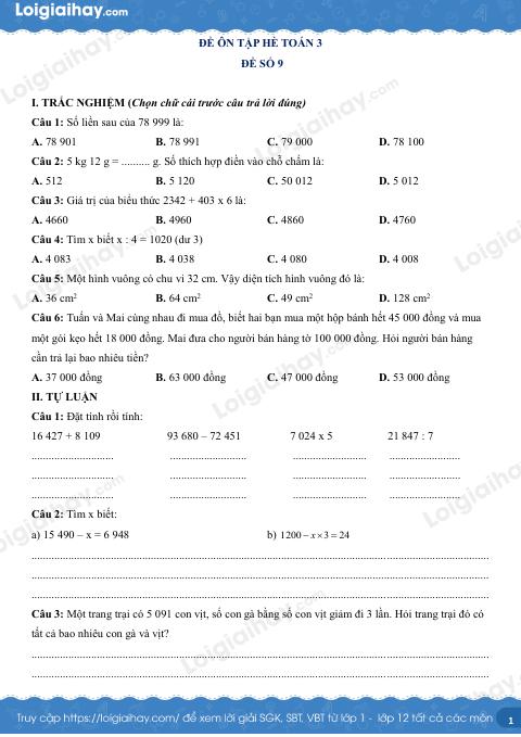 Đề ôn hè Toán 3 lên 4 có lời giải chi tiết - Đề 9